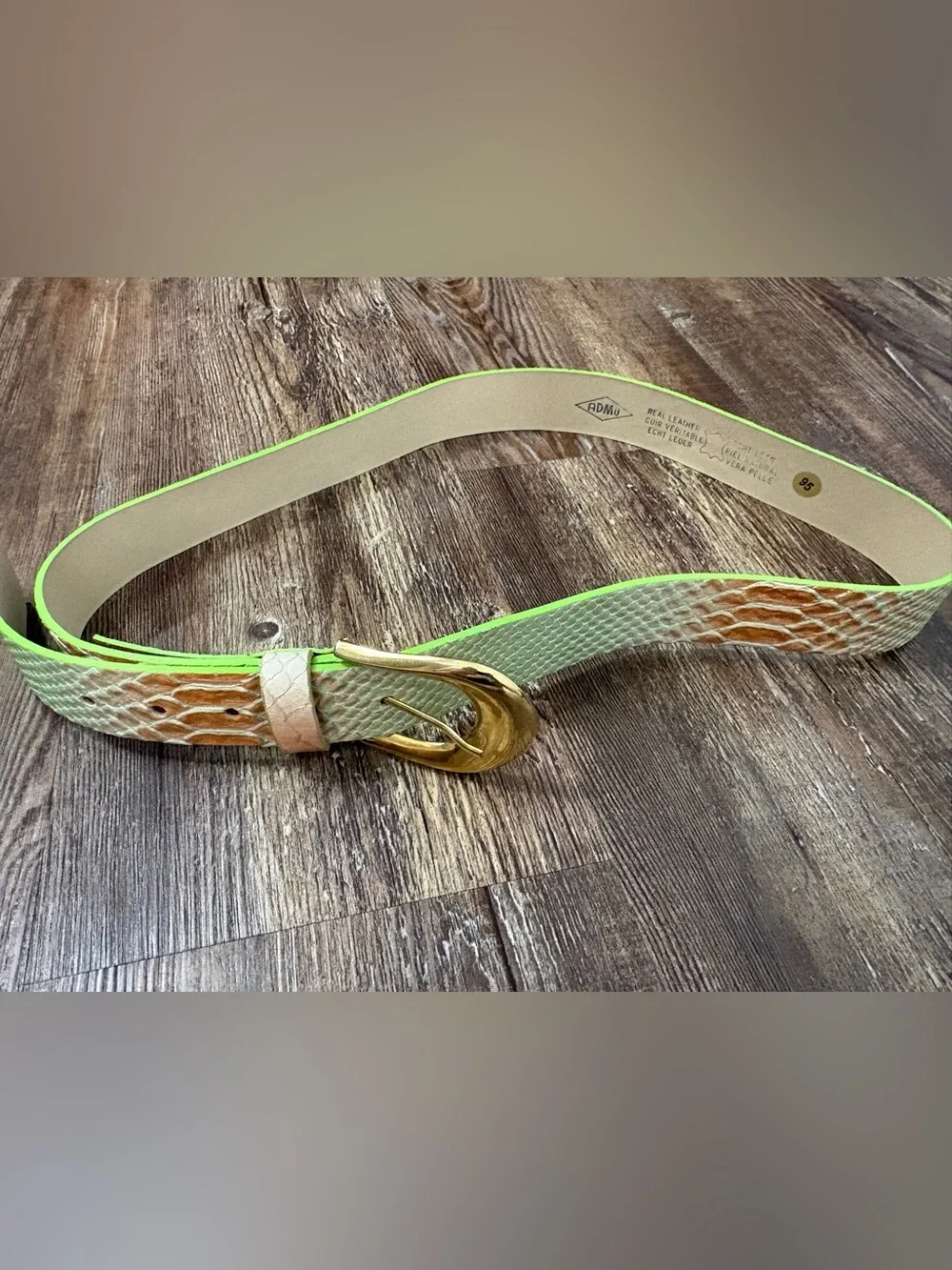 Vintage Orange Green Snake Effect Print Genuine Leather Belt Metal Gold Buckle